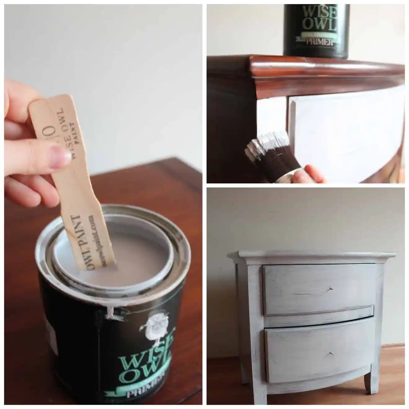 primed this nightstand with Wise Owl Paint's Stain Eliminating Primer in Gray